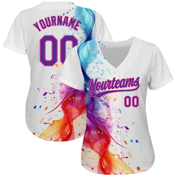 Custom White Purple-Pink 3D Pattern Design Music Festival Colorful Musical Notes Authentic Baseball Jersey alternate