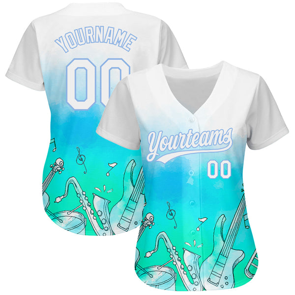 Custom White Light Blue 3D Pattern Design Music Festival Musical Instruments Authentic Baseball Jersey alternate