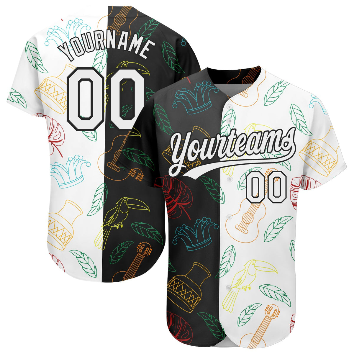 Custom Black White 3D Pattern Design Music Festival Brazilian Carnival Authentic Baseball Jersey