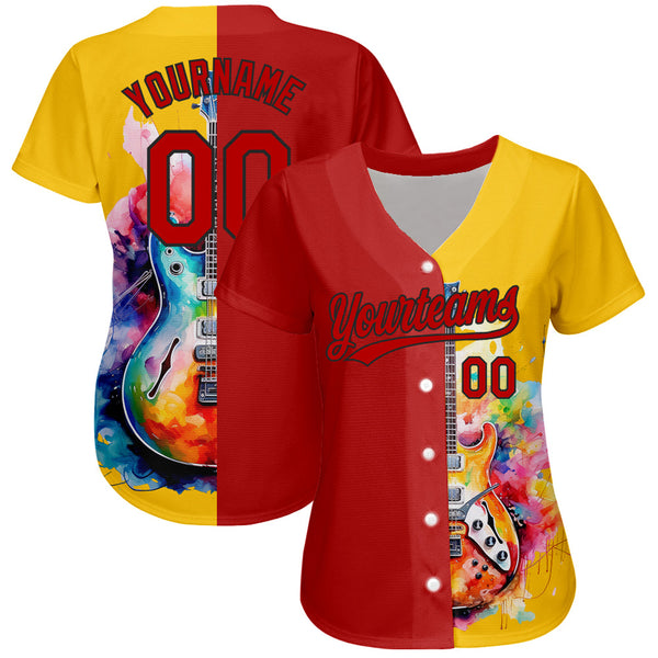 Custom Yellow Red-Black 3D Pattern Design Music Festival Watercolor Guitar Authentic Baseball Jersey alternate