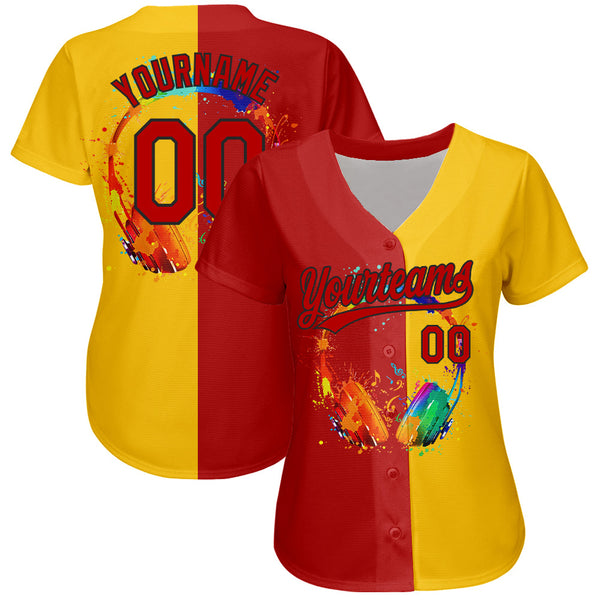 Custom Yellow Red-Black 3D Pattern Design Music Festival Watercolor Headphone With Musical Notes Authentic Baseball Jersey alternate