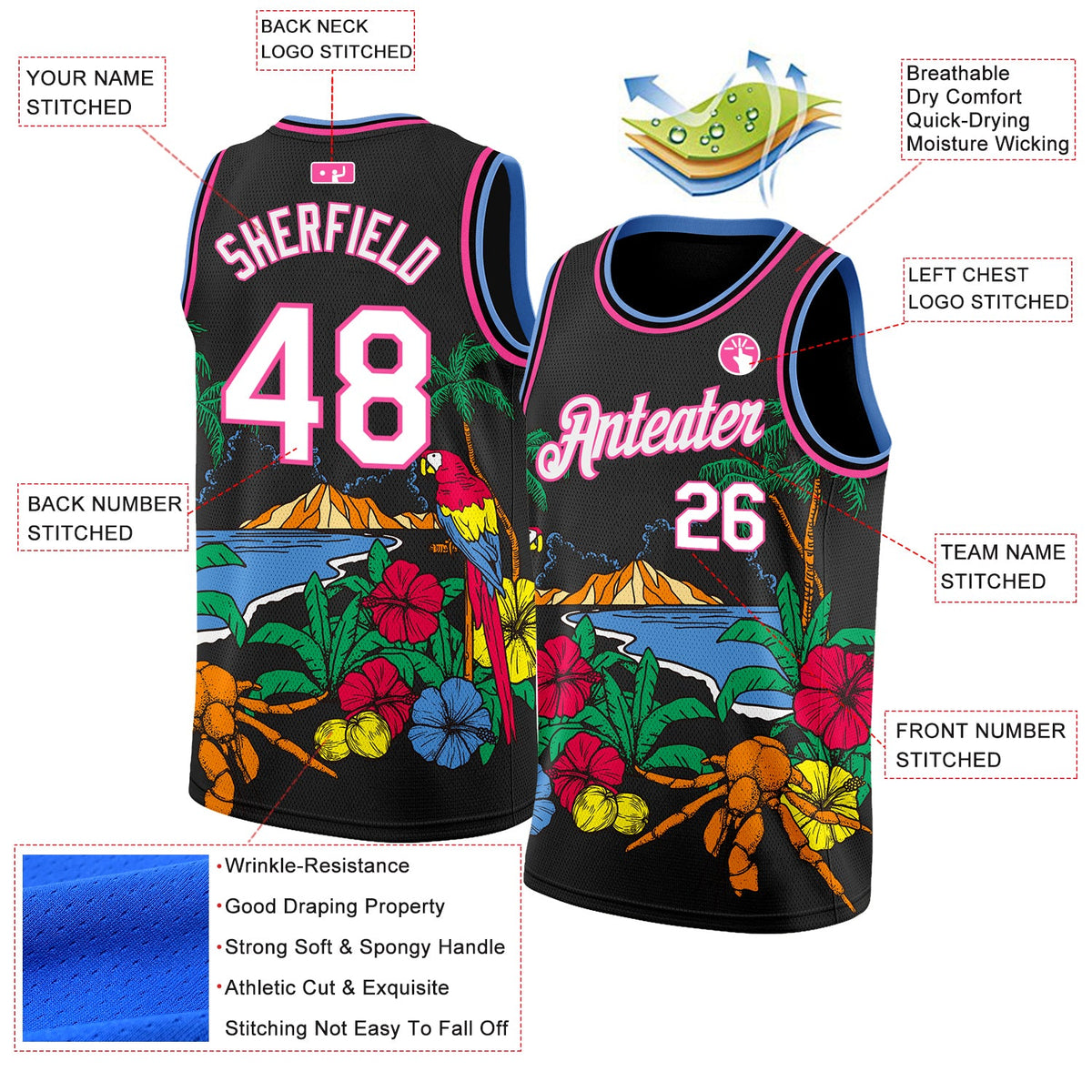 Custom Black White Pink-Light Blue 3D Pattern Tropical Beach Hawaii Palm Trees Authentic Basketball Jersey - Front