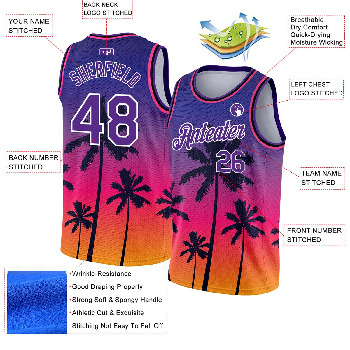 Custom Purple White 3D Pattern Tropical Hawaii Trees Authentic Basketball Jersey - Back