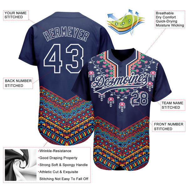 Custom Navy White 3D Pattern Design Vintage Floral African Ethnic Style Authentic Baseball Jersey alternate