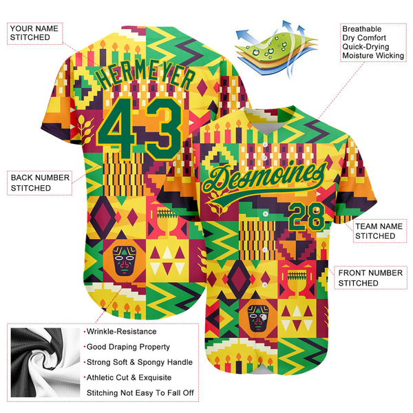Custom Yellow Kelly Green 3D Pattern Design African Happy Kwanzaa Authentic Baseball Jersey alternate