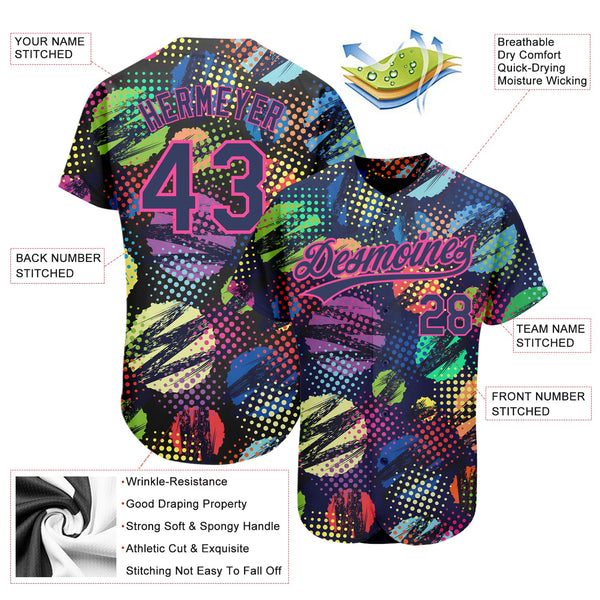 Custom Navy Pink 3D Pattern Design Abstract Halftone Circles Zigzag Style Authentic Baseball Jersey alternate