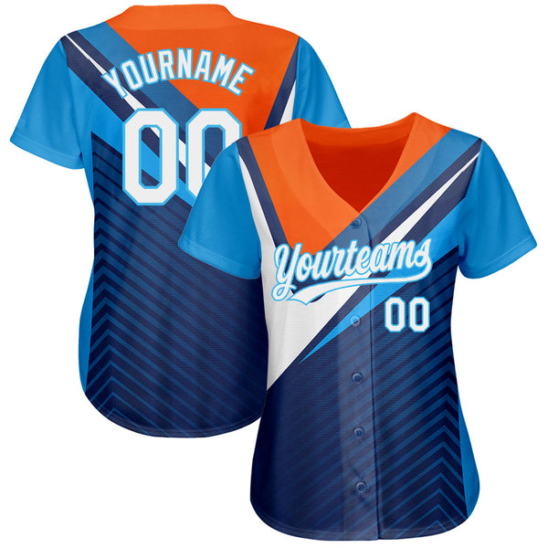 Custom Navy White Orange-Sky Blue 3D Pattern Design Abstract Sport Authentic Baseball Jersey alternate