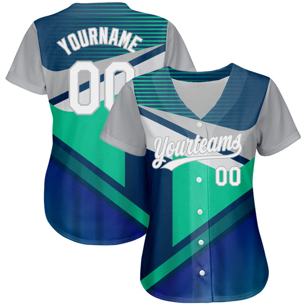 Custom Navy White Gray-Aqua 3D Pattern Design Abstract Sport Authentic Baseball Jersey alternate