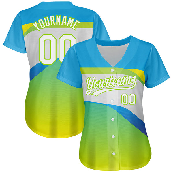 Custom Neon Green White-Sky Blue 3D Pattern Design Abstract Sport Authentic Baseball Jersey alternate