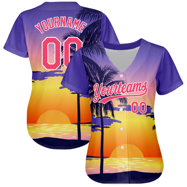 Custom Purple Neon Pink-White 3D Pattern Design Hawaii Palm Trees And Beach Sunrise Authentic Baseball Jersey alternate