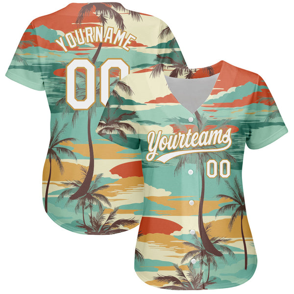 Custom Aqua White-Old Gold 3D Pattern Design Cartoon Hawaii Palm Trees Authentic Baseball Jersey alternate