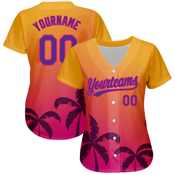 Custom Gold Purple-Hot Pink 3D Pattern Design Hawaii Palm Trees Authentic Baseball Jersey alternate