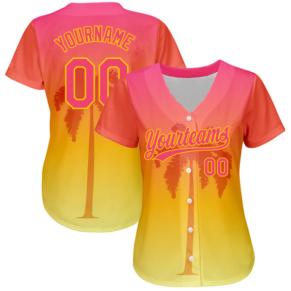 Custom Neon Pink Yellow 3D Pattern Design Hawaii Palm Trees Authentic Baseball Jersey alternate