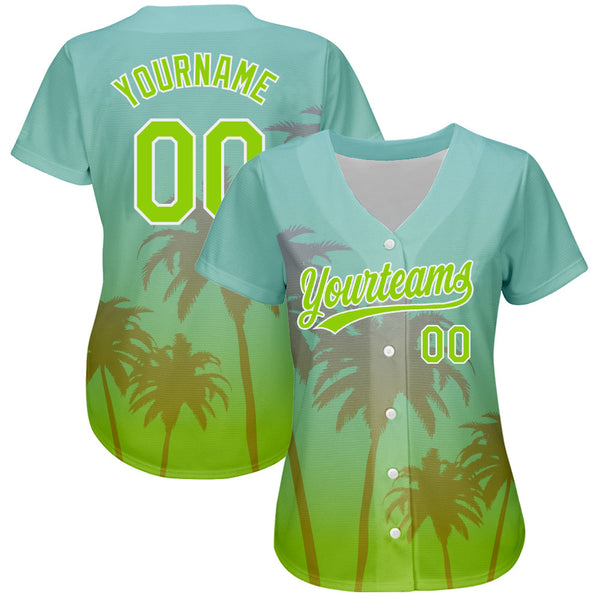 Custom Aqua Neon Green-White 3D Pattern Design Hawaii Palm Trees Authentic Baseball Jersey alternate