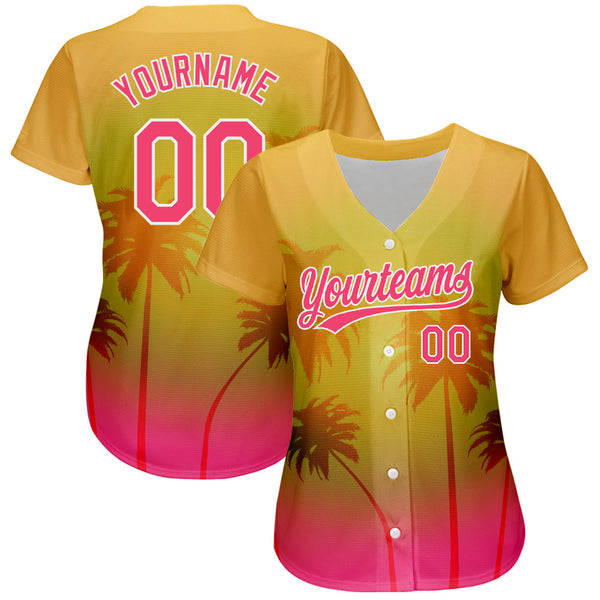Custom Gold Neon Pink-White 3D Pattern Design Hawaii Palm Trees Authentic Baseball Jersey alternate