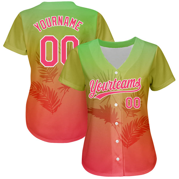 Custom Neon Green Neon Pink-White 3D Pattern Design Hawaii Palm Leaves Authentic Baseball Jersey alternate
