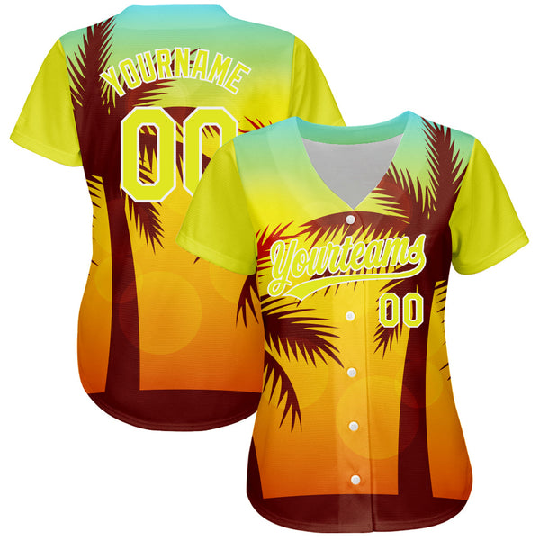 Custom Gold Neon Yellow-White 3D Pattern Design Hawaii Palm Trees Authentic Baseball Jersey alternate