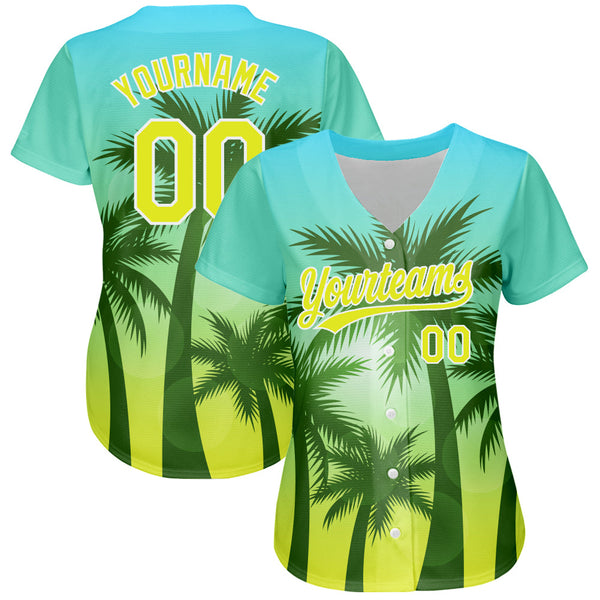 Custom Light Blue Neon Yellow-White 3D Pattern Design Hawaii Palm Trees Authentic Baseball Jersey alternate