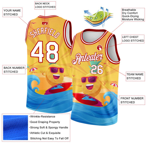 Custom Gold White-Red 3D Pattern Summer Beach Surfing Authentic Basketball Jersey alternate