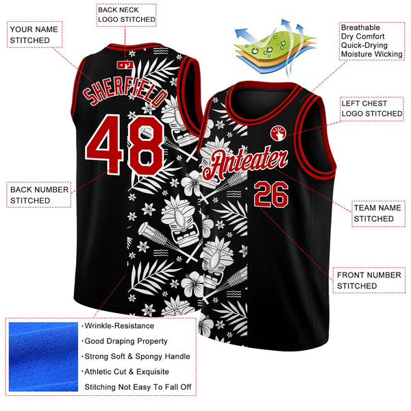 Custom Black Red-White 3D Pattern Hawaii Palm Leaves Authentic Basketball Jersey alternate