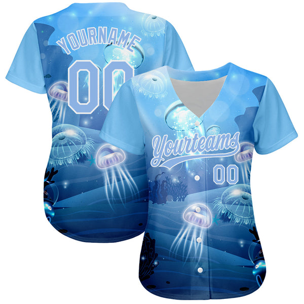 Custom Light Blue White 3D Pattern Design Jellyfish Underwater Life Authentic Baseball Jersey alternate