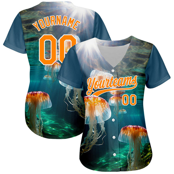 Custom Navy Bay Orange-White 3D Pattern Design Jellyfish In The Ocean Authentic Baseball Jersey alternate
