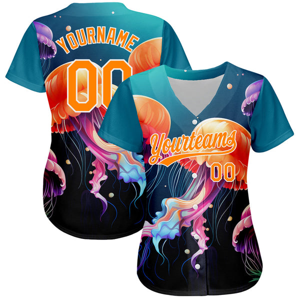 Custom Navy Bay Orange-White 3D Pattern Design Jellyfish Floating In The Ocean Authentic Baseball Jersey alternate