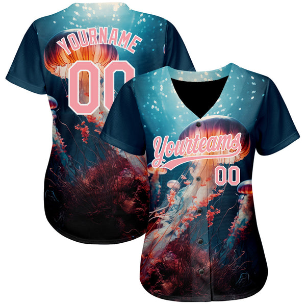 Custom Navy Medium Pink-White 3D Pattern Design Jellyfish Under Water With Light Shining Authentic Baseball Jersey alternate