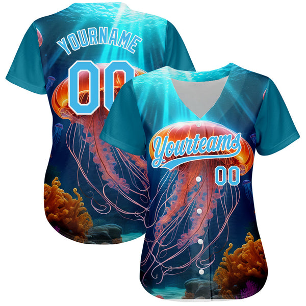 Custom Sky Blue White 3D Pattern Design Jellyfish Floating In The Ocean Authentic Baseball Jersey alternate