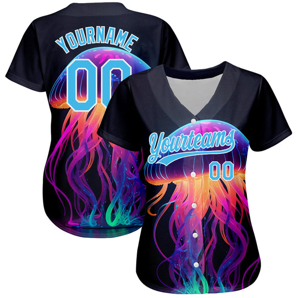 Custom Black Sky Blue-White 3D Pattern Design Neon Jellyfish Authentic Baseball Jersey alternate