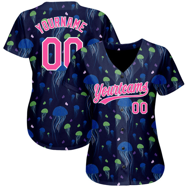 Custom Navy Pink-White 3D Pattern Design Jellyfish Authentic Baseball Jersey alternate