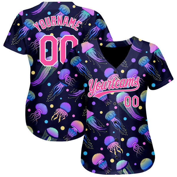 Custom Navy Pink-White 3D Pattern Design Colorful Cartoon Jellyfish Authentic Baseball Jersey alternate