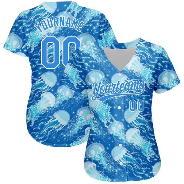 Custom Electric Blue White 3D Pattern Design Jellyfish Authentic Baseball Jersey alternate