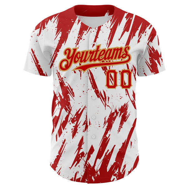 Custom White Red-Old Gold 3D Pattern Design Abstract Sharp Shape Authentic Baseball Jersey alternate