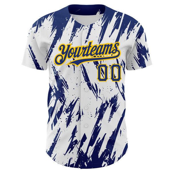 Custom White Royal-Yellow 3D Pattern Design Abstract Sharp Shape Authentic Baseball Jersey alternate