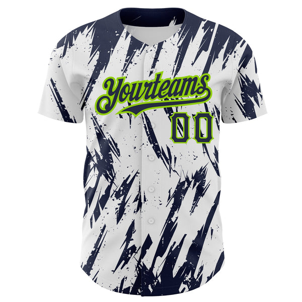 Custom White Navy-Neon Green 3D Pattern Design Abstract Sharp Shape Authentic Baseball Jersey alternate