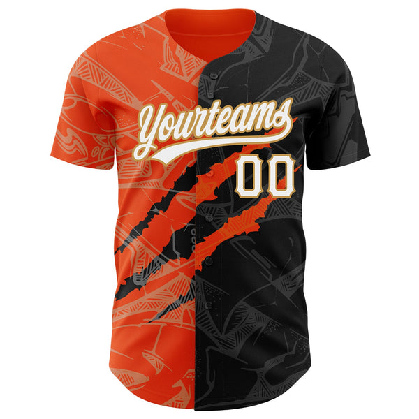 Custom Graffiti Pattern Black Orange-Old Gold 3D Scratch Authentic Baseball Jersey alternate