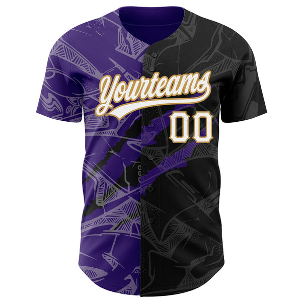 Custom Graffiti Pattern Black Purple-Old Gold 3D Scratch Authentic Baseball Jersey alternate