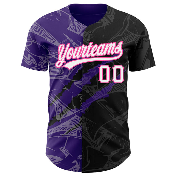 Custom Graffiti Pattern Black Purple-Pink 3D Scratch Authentic Baseball Jersey alternate