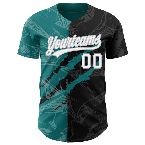 Custom Graffiti Pattern Black Teal-Gray 3D Scratch Authentic Baseball Jersey alternate