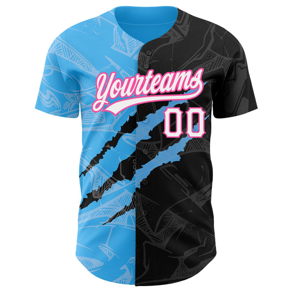 Custom Graffiti Pattern Black Sky Blue-Pink 3D Scratch Authentic Baseball Jersey alternate