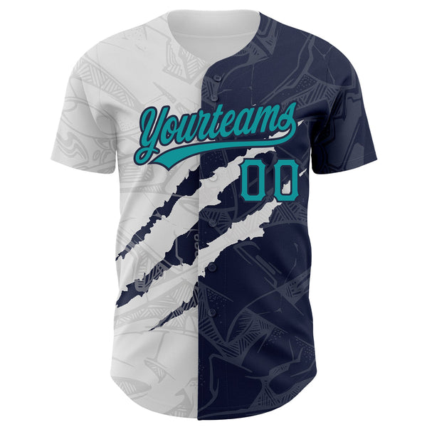 Custom Graffiti Pattern Teal-Navy 3D Scratch Authentic Baseball Jersey alternate
