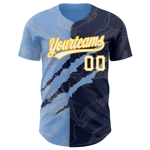 Custom Graffiti Pattern Navy Light Blue-Gold 3D Scratch Authentic Baseball Jersey alternate