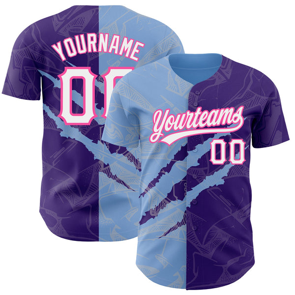 Custom Graffiti Pattern Purple Light Blue-Pink 3D Scratch Authentic Baseball Jersey