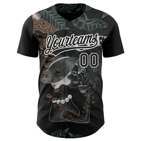 Custom Black White 3D Pattern Design International Coffee Day Authentic Baseball Jersey alternate