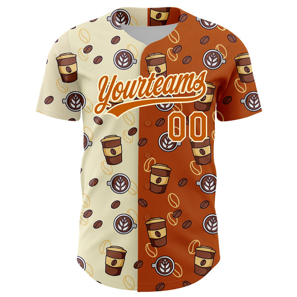 Custom Cream Texas Orange 3D Pattern Design International Coffee Day Authentic Baseball Jersey alternate