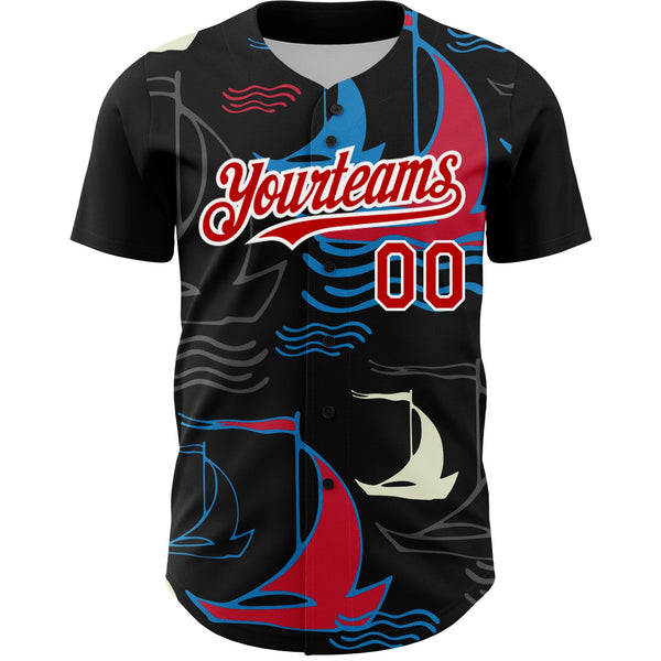 Custom Black Red-White 3D Pattern Design Sailing Boats Authentic Baseball Jersey alternate