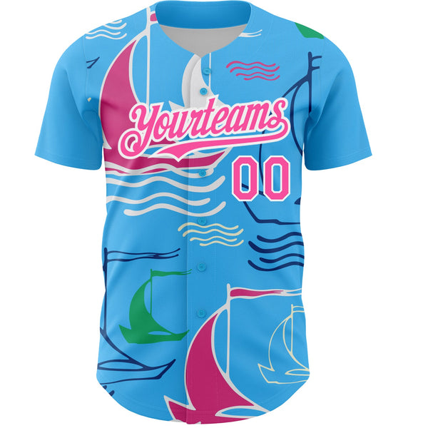 Custom Sky Blue Pink-White 3D Pattern Design Sailing Boats Authentic Baseball Jersey alternate