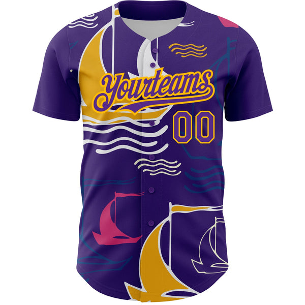 Custom Purple Gold 3D Pattern Design Sailing Boats Authentic Baseball Jersey alternate