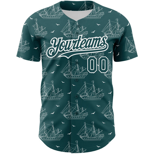 Custom Midnight Green White 3D Pattern Design Ship Frigate With Seagulls Authentic Baseball Jersey alternate